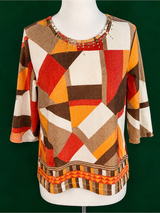 Alfred Dunner Tops - Alfred Dunner Geometric Scoop Neck Top in Rust, Brown & Cream